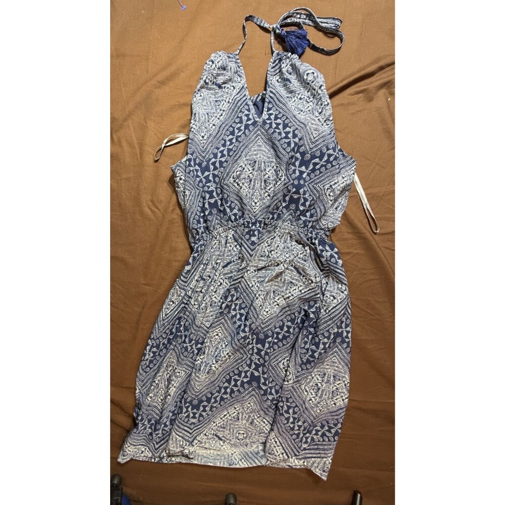 Athleta Women's Medium Navy Blue White Geometric Halter Mini Dress Tassels